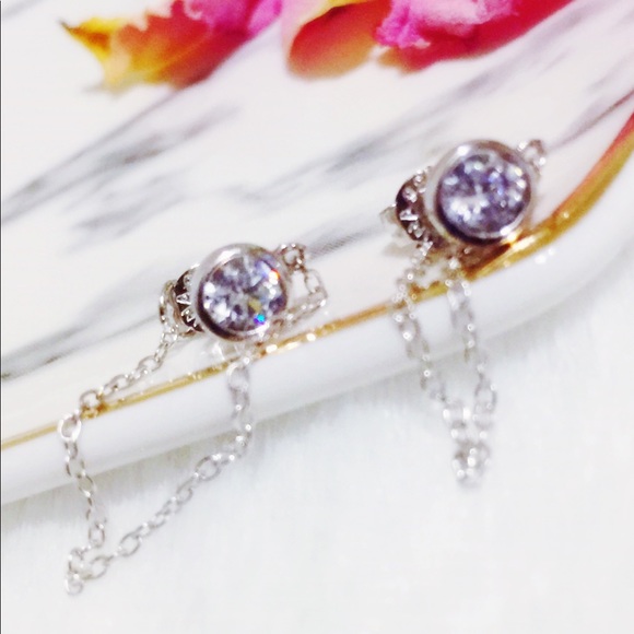 SS 925, CZ Circular Diamond Stone w/Chain Earrings - Picture 2 of 15